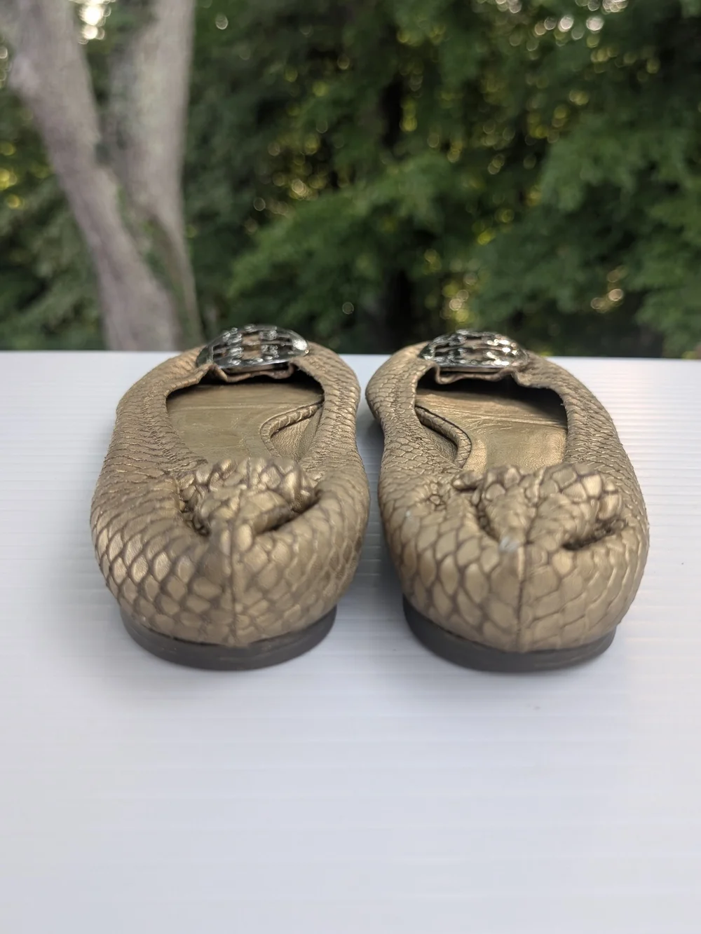 Tory Burch Reva Metallic Bronze Snake-Embossed Ballet Flats with Logo